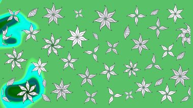 Çiçek ve yapraklı karalama şeklinde Raster çiçek deseni. Raster illüstrasyonu. Yumuşak, yeşil renkte bahar çiçekleri.