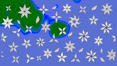 Yumuşak, mavi renkte bahar çiçekleri. Raster illüstrasyonu. Çiçek ve yapraklı karalama şeklinde Raster çiçek deseni.