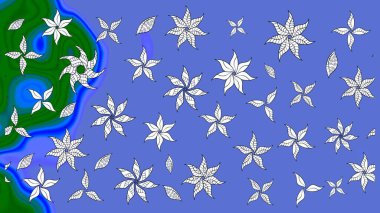 Elle boyanmış suluboya resim çizimleri, çiçekler ve bitkiler. Mavi renkte çiçekler.