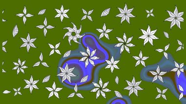 Çocuksu tasarım. Yeşil arka planda. Tekstil, kumaş, ambalaj, hatıra defteri için hoş bir çiçek arkaplanı. Elle çizilmiş karalama çiçekleri ile Raster çizim deseni.