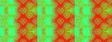 Yeşil, turuncu ve sarı renkli, çiçekli, dallı bahar çiçekleri deseni. Raster deseni.