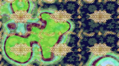 Klasik çiçek dokusu. Yeşil renkte Royal retro. Raster illüstrasyonu. Eskiz kalıbı altın elementler. Kart, duvar kağıdı, ambalaj ve tekstil için klasik tasarım. Altın şablon.