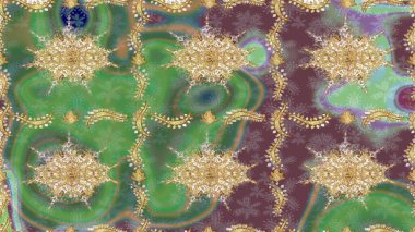 Doku arka planında altın duvar kâğıdı. Barok tarzında altın çiçekli süs. Damask çizimi tekrarlanıyor. Yeşil renkte altın element.