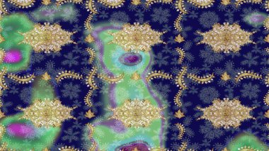 Damask eskiz süsü. Geleneksel raster ve altın desen. Klasik oryantal desen mavi renkler üzerinde.