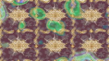 Altın şablonu çiz. Raster oryantal süs. Altın elementlerle kahverengi renklerde altın desen.