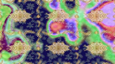 Damask çizimi tekrarlanıyor. Barok tarzında altın çiçekli süs. Doku arka planında altın duvar kâğıdı. Tarafsız renklerde altın element.