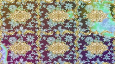 Tarafsız renklerde altın elementlerle çizim. Doğu tarzı arabesk. Altın desenli bukleler çiz. Hassas altın deseni açın. Parlak dantel, stilize çiçekler, şal desenli. Raster..