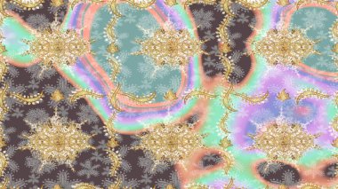 Raster altın desen. Kıvrımlı çizimler. Doğulu stil, altın elementlerle altın deseni nötr renklerle donatır..