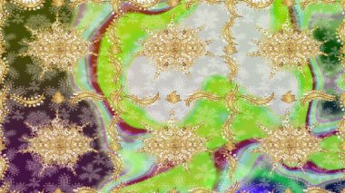 Kraliyet lüksü, altın barok kumaş rengi eskiz. Raster eskiz deseni altın antika ortaçağ dekoratifi, yapraklar ve yeşil renkli altın desenli süslemeler..