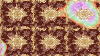 Kahverengi renklerde altın elementlerle Raster eskiz deseni. Tasarım için Damask çizim deseni.