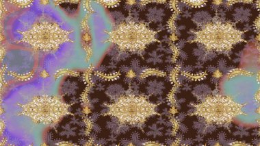 Kraliyet lüksü, altın barok kumaş rengi eskiz. Raster eskiz deseni altın antika çiçekli ortaçağ dekoratifi, yapraklar ve kahverengi renkli altın desenli süslemeler..