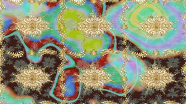 Raster illüstrasyonu. Tarafsız renkler ve altın elementler üzerine altın eskiz deseni. Tekrarlayan elementlerle soyut arkaplan oluşturun. Sketch damask klasik altın desen.