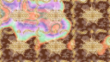 Raster illüstrasyonu. Süslü dekorasyon. Damask altın soyut çiçek deseni kahverengi renkler üzerine çizim.