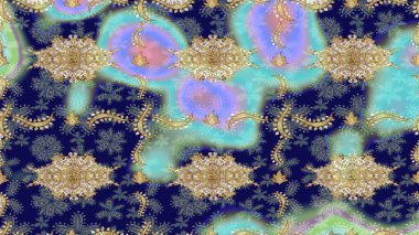 Oriental raster klasik mavi ve altın desenli. Soyut bir arkaplan çiz. Raster illüstrasyonu.