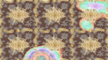 Kahverengi renklerde altın desenler ve altın elementler. Raster oryantal süs. Barok tarzında eskiz oryantal süsü. Geleneksel klasik altın desen.