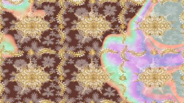 Bej renklerde altın element. Lüks, kraliyet ve Viktorya dönemi konsepti. Bej yerine altın rengi klasik barok çiçekleri. Süslü raster dekorasyonu.