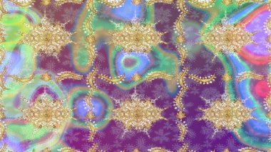 Tasarım için Damask çizim kalıbı. Tarafsız renklerde altın elementlerle Raster çizim deseni.