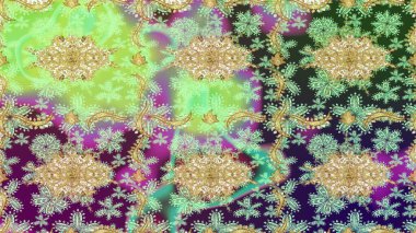 Geleneksel oryantasyon süsü. Klasik Raster altın desenini çiz. Klasik klasik klasik arka plan. Raster illüstrasyonu. Yeşil renkler ve altın elementler üzerine çizim deseni.