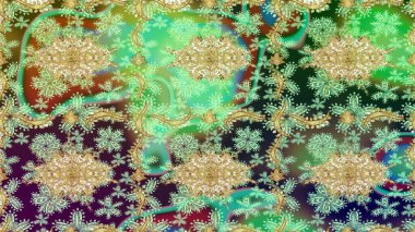Geleneksel oryantasyon süsü. Klasik Raster Golden eskiz kalıbı. Yeşil renkler ve altın elementler üzerine çizim. Klasik vintage arkaplan.
