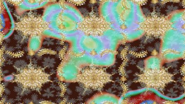 Kahverengi renkler ve altın elementler. Raster altın çiçek süsü brokar kumaş ve cam desenli. Altın şablonu çiz. Çiçek desenli altın metal..