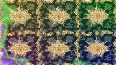 Yeşil renkte altın elementler. Skeç raster arka planı. Duvar kâğıdı barok, İspanyol kumaşı. Şık bir grafik desen. Çiçek deseni.