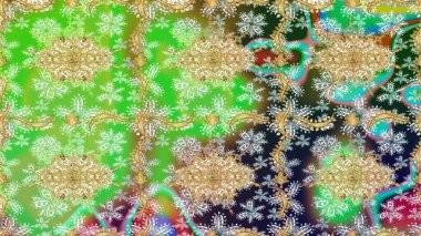 Süslü dekorasyon. Damask altın soyut çiçek deseni yeşil renklerde. Raster illüstrasyonu.