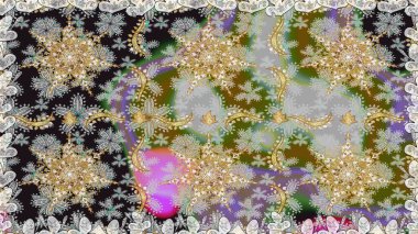 Damask pürüzsüz süsü. Geleneksel raster ve altın desen. Gri renkler üzerinde klasik oryantal desen.