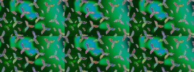 Kar tanelerinin soyut arkaplanlı Noel şablonu. Raster illüstrasyonu. Noel ve yeni yıl moda baskıları için tatil tasarımı. Yeşil, mavi ve nötr renkler.