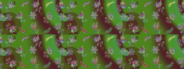 Raster dikişsiz şirin çiçek deseni. Bahar mevsimi. Tatil havası. Nazik romantik baskı. Yeşil, kahverengi ve mavi renkte çiçekler.