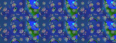 Kış kar tanesi, raster arka plan. Renkli arka planda izole kar taneleri. Yüzey için tekrarlanan doku, ambalaj kağıdı, mavi, yeşil ve mor renkler. Raster illüstrasyonu.