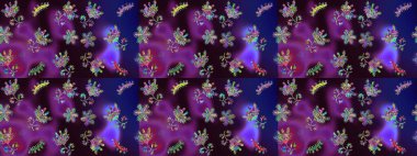 Nakış desenli çiçek deseni. Renkli grunge soyut arkaplanı sütunlu, kahverengi ve mavi çiçeklerle zenginleştirir. İzler, kumaş, duvar kağıtları, tekstil için raster dokusu.