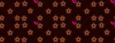 Kar tanelerinin soyut arkaplanlı Noel şablonu. Raster illüstrasyonu. Siyah, kahverengi ve kırmızı renkler. Noel ve Yeni Yıl moda baskıları için tatil tasarımı.