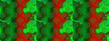 Yeşil, kırmızı ve kahverengi renkte etnik çiçeklerle kusursuz bir desen. Raster Çiçek İllüstrasyon Şirin Tekstil.