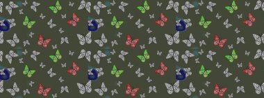Güzel bir kumaş tasarımı. Soyut eskiz arka planı. Raster Kelebekleri deseni. Yeşil renkler üzerine resim.