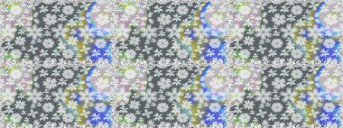 Raster illüstrasyonunda kusursuz çiçek deseni. Renkli Bahar Temalı Kusursuz Arkaplan. Gri renkli çiçekler. Düz Çiçek Elementleri Tasarımı.