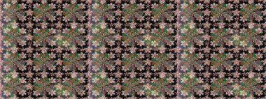 Çiçekler, yaprakları ile halk tarzında Dikişsiz çiçek deseni. Raster Illustration. El çizilmiş.