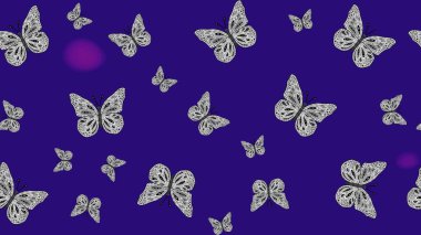 Kıyafet tarzı için mavi arka planda dekorasyon. Raster illüstrasyonu. Tasarım için Raster Kelebekleri. Fantezi renkli resimler koleksiyonu. Farklı renkte kelebeklerin çizimi..