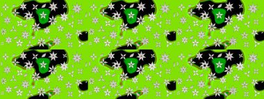 Çiçek süslemeli çizim deseni. Raster illüstrasyonu. Yeşil renkte çiçekler.