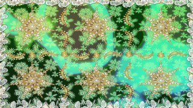 Raster illüstrasyonu. Yeşil renklerde ve altın elementlerle klasik, pürüzsüz desen.