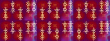 Noel ve yeni yıl moda baskıları için tatil tasarımı. Kırmızı, mor ve turuncu kar taneleri. Kar tanelerinin soyut arkaplanlı Noel şablonu. Renkler. Raster illüstrasyonu.