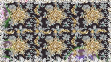 Tekrarlayan elementlerle soyut arkaplan oluşturun. Kusursuz damaske klasik altın desen. Gri renkler ve altın elementler üzerinde altın pürüzsüz desen. Raster illüstrasyonu.