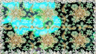 Dekoratif simetri arabesk. Raster illüstrasyonu. Tarafsız renklerde altın. Kusursuz ortaçağ çiçek deseni. Doğum günü, davetiye ya da afiş için tebrik kartı.