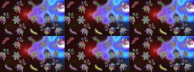 Raster illüstrasyonu. Noel ve yeni yıl moda baskıları için tatil tasarımı. Kahverengi, mavi ve mor kar taneleri. Kar tanelerinin soyut arkaplanlı Noel deseni.