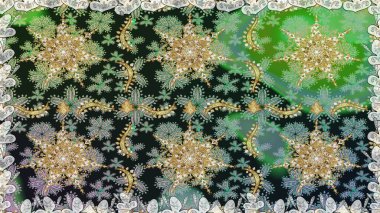 Gri renklerde, altın çiçekli altın desenler. Raster geometrik arka plan. Senin tasarımın için, duvar kağıdı. Altın rengi kusursuz illüstrasyon.