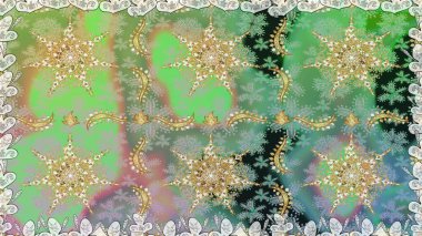 Altın desenli çiçek dekoru. Davetiyeler, kartlar, web sayfası için Raster illüstrasyon. Doğu tarzı element. Çizgi sanatı tasarım şablonu için kusursuz sınır. Yeşil renkte altın element.