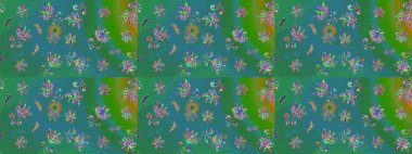 Renkli arka planda izole tatlı kar taneleri. Kar tanesi raster deseni. Yeşil ve mavi renkli kar taneleri. Raster illüstrasyonu.