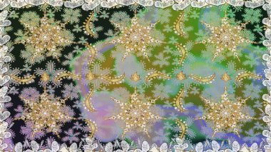 Altın karalama fantezi yapraklarından ve gri renkli çiçeklerden Raster soyut çiçek çelengi. El yapımı dekoratif çerçeve, albüm kapağı, tebrik kartı, klasik Art deco tarzı.