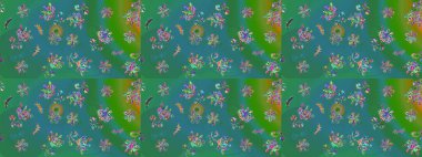 Renkli arka planda izole tatlı kar taneleri. Kar tanesi raster deseni. Yeşil ve mavi renkli kar taneleri. Raster illüstrasyonu.