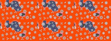 Raster illüstrasyonu. Çiçek ve yapraklı karalama şeklinde Raster çiçek deseni. Turuncu renkte bahar çiçekleri..