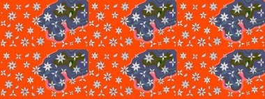 Hint süsü. Turuncu renklerde. Raster illüstrasyonu. Çizim kalıbı. Renkli süs kenarı. Çiçek duvar kağıdı.